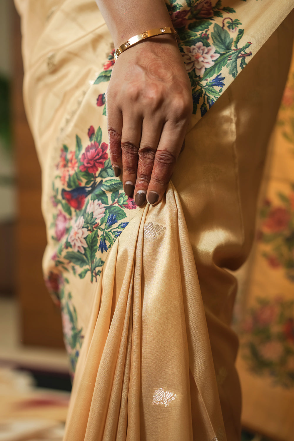 Elegant Golden Beige Tussar silk Saree with Printed Border