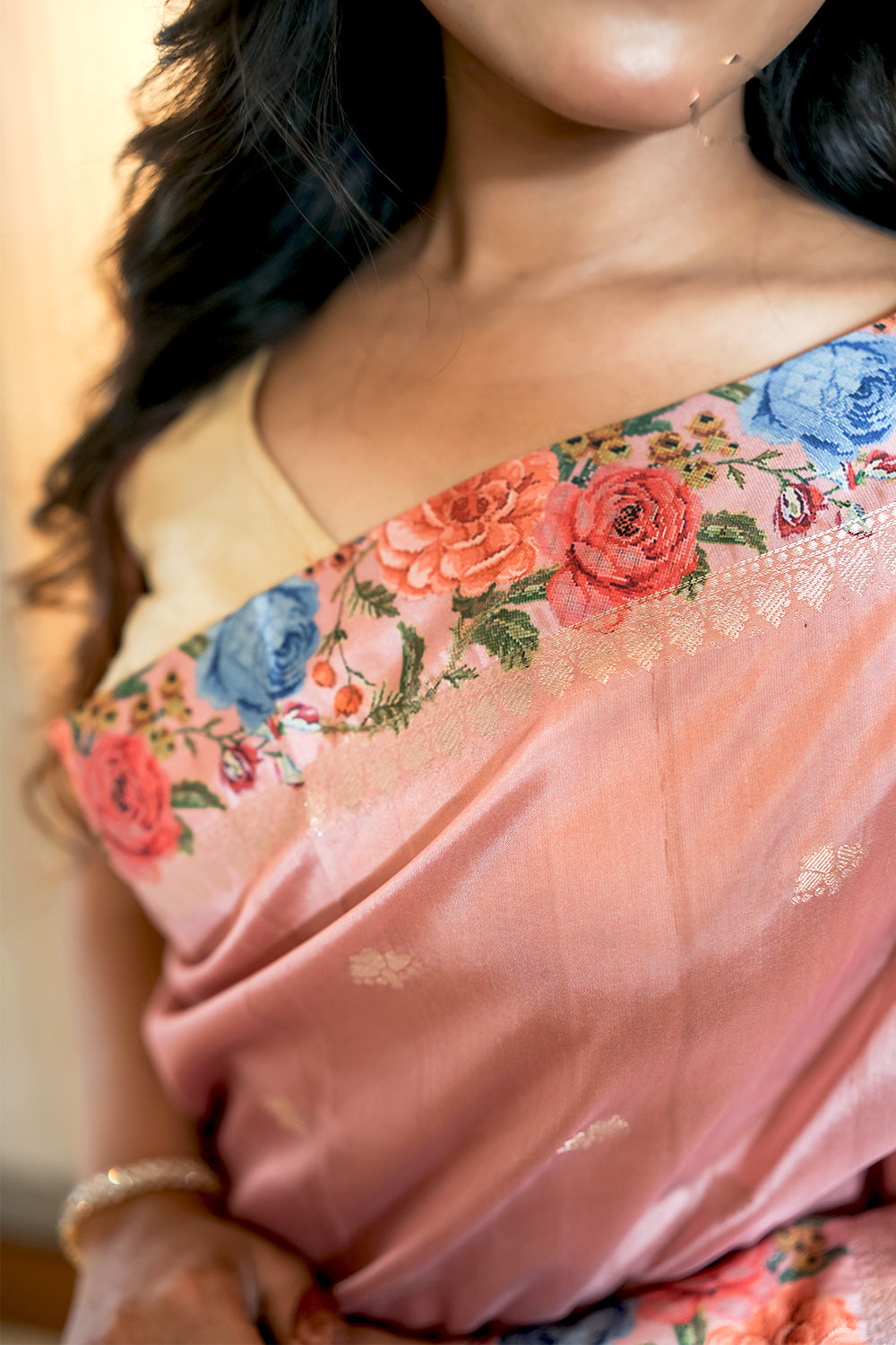Elegant Dusky Pink Tussar silk Saree with Printed Border