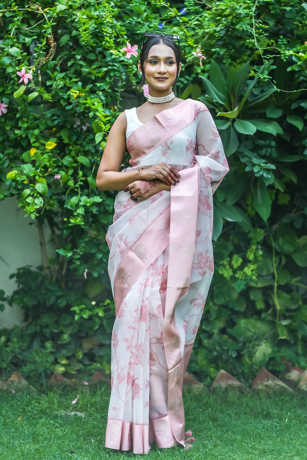 Elegant White and Pink Organza saree with Floral Prints and Satin Borde