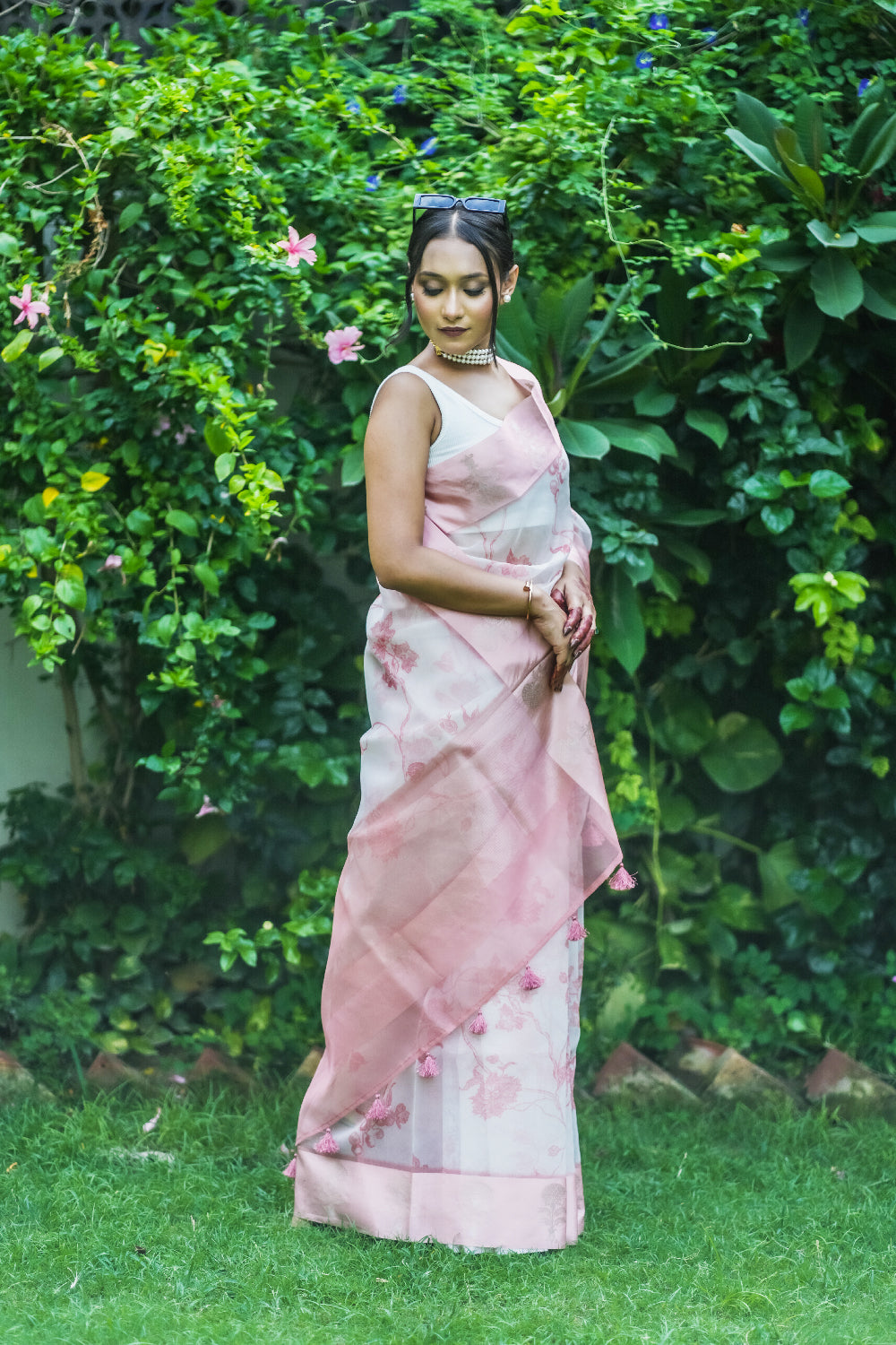 Elegant White and Pink Organza saree with Floral Prints and Satin Borde