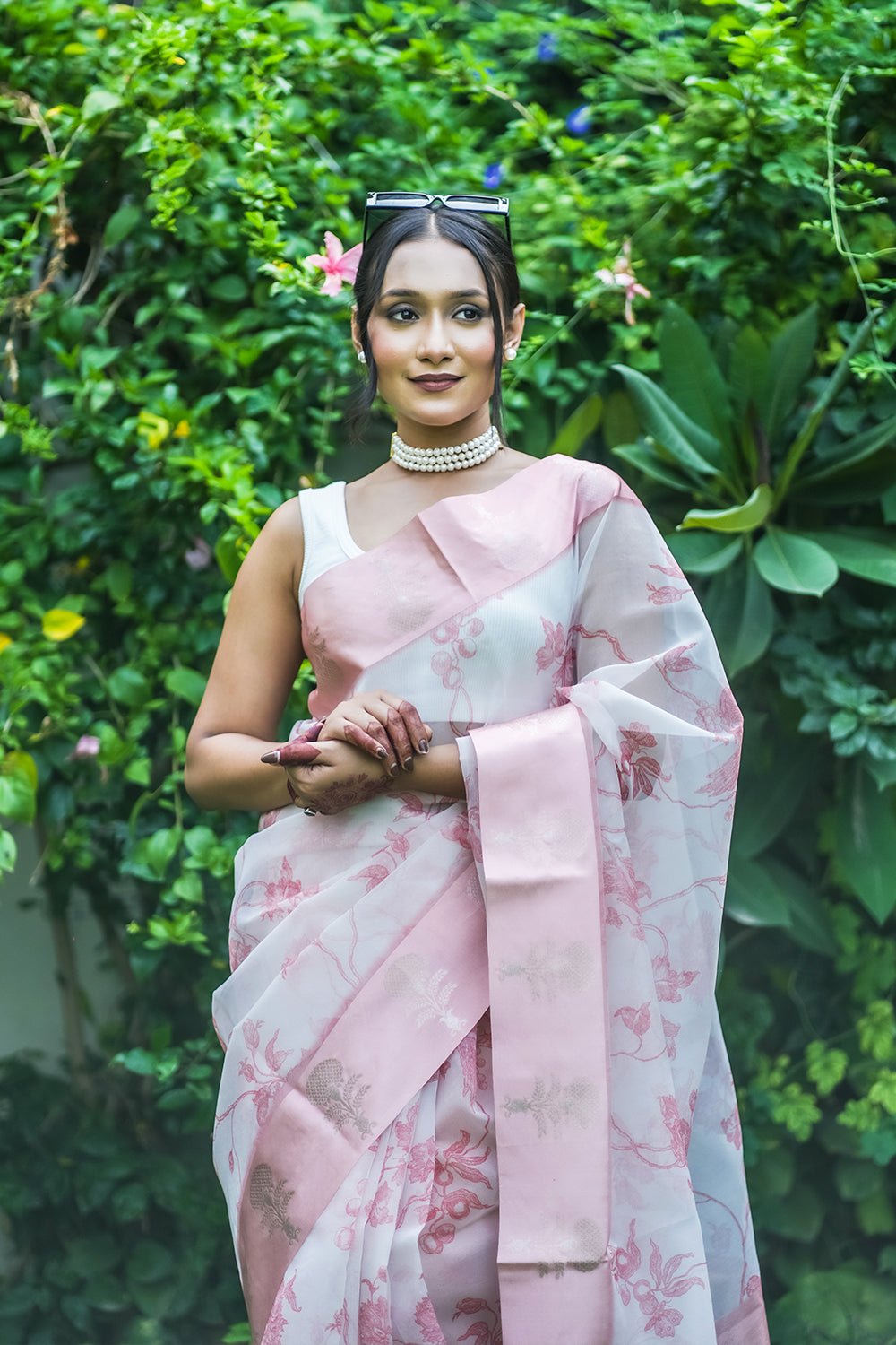 Elegant White and Pink Organza saree with Floral Prints and Satin Borde