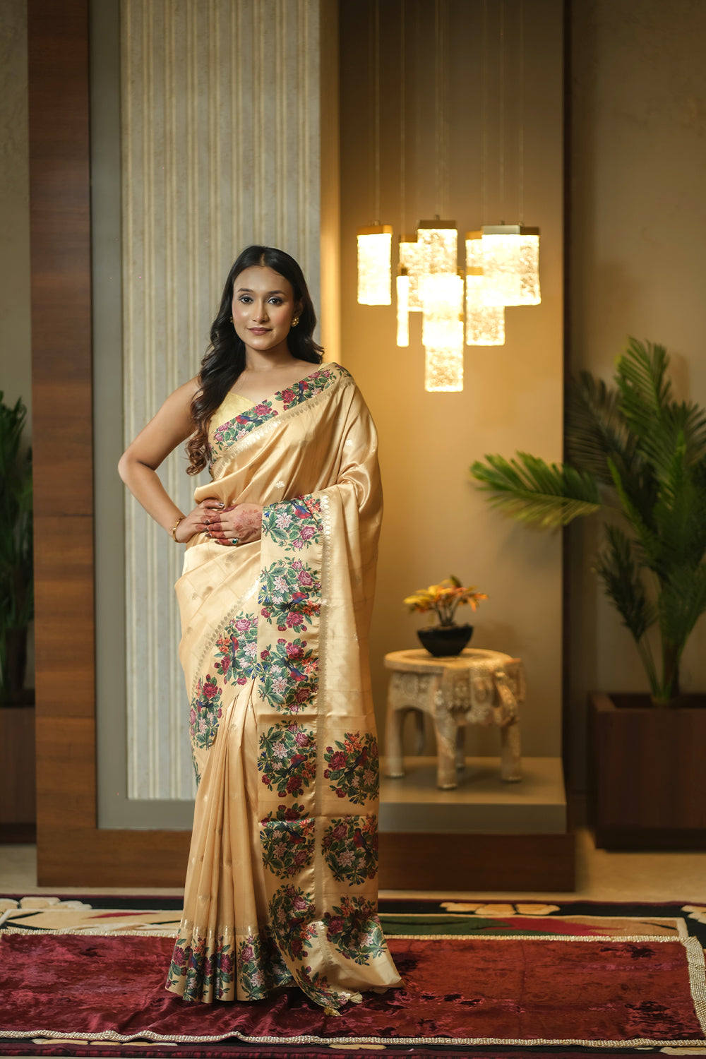 Elegant Golden Beige Tussar silk Saree with Printed Border