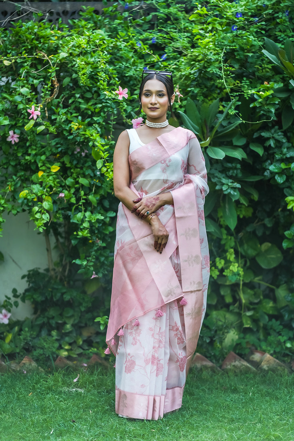 Elegant White and Pink Organza saree with Floral Prints and Satin Borde