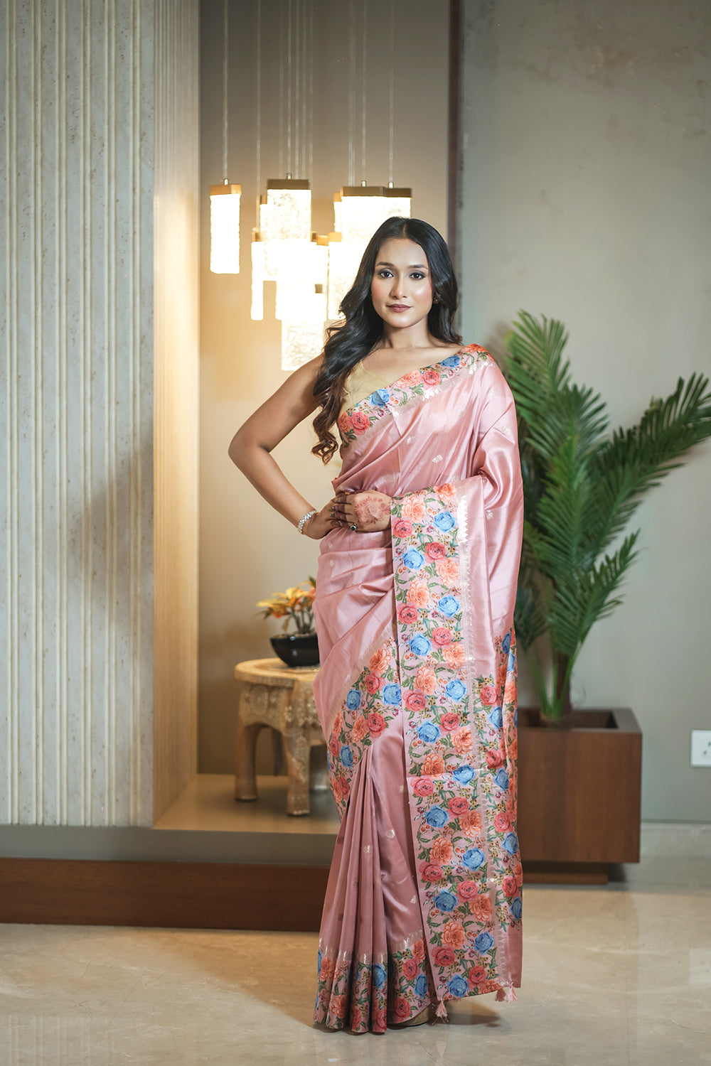 Elegant Dusky Pink Tussar silk Saree with Printed Border