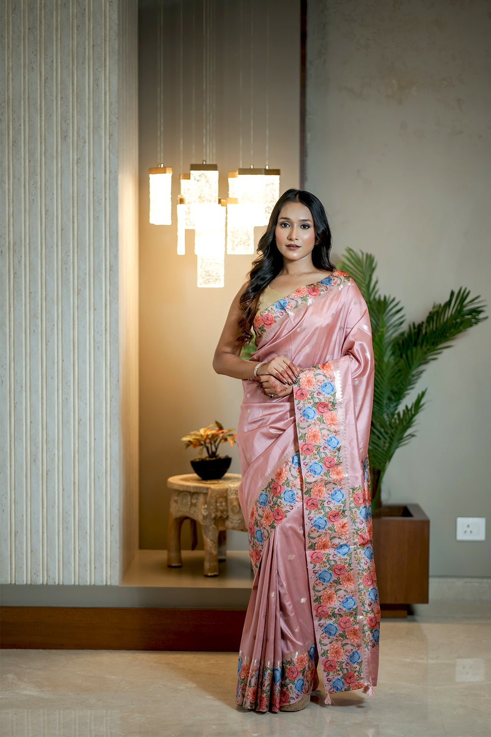 Elegant Dusky Pink Tussar silk Saree with Printed Border