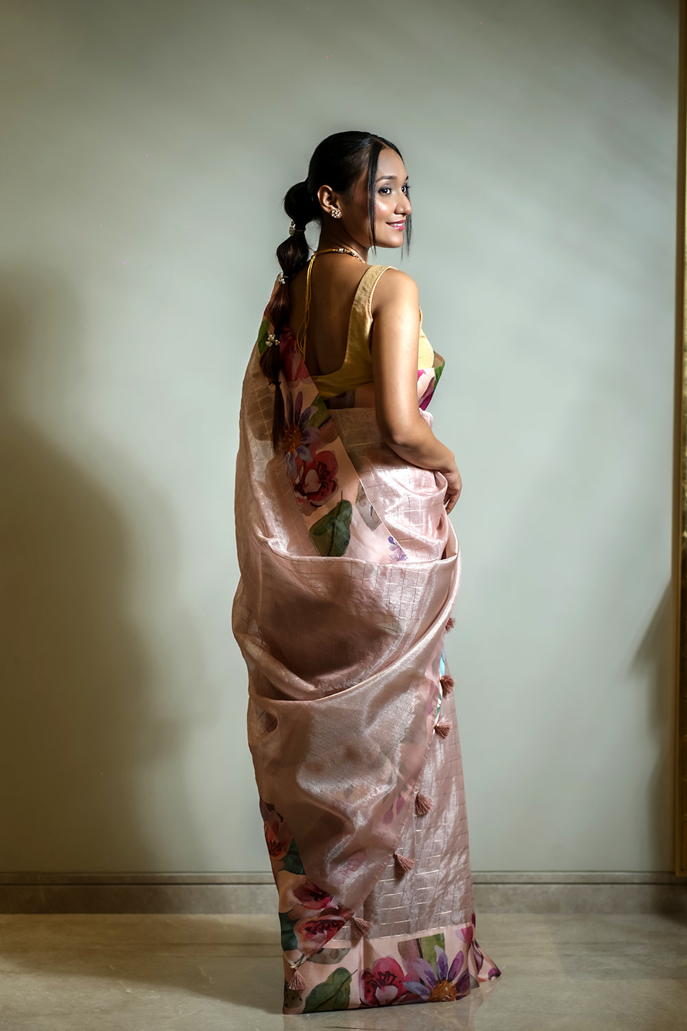 Peach colored Tissue Check Saree with Digitally Printed Satin Border