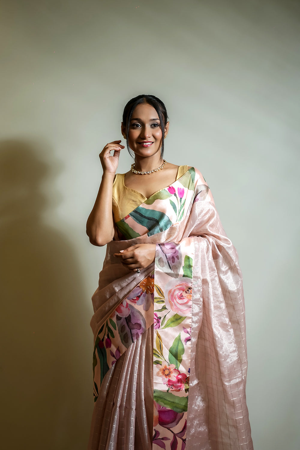 Peach colored Tissue Check Saree with Digitally Printed Satin Border
