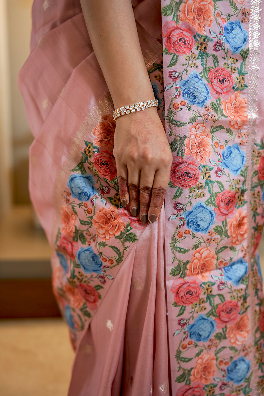 Elegant Dusky Pink Tussar silk Saree with Printed Border