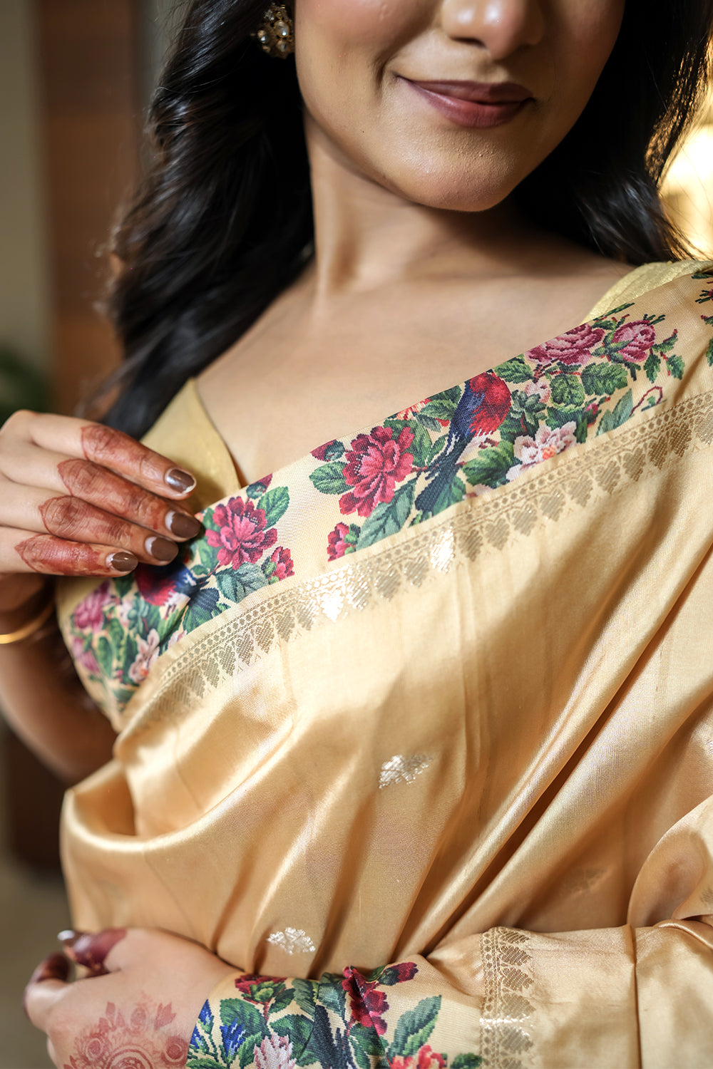 Elegant Golden Beige Tussar silk Saree with Printed Border