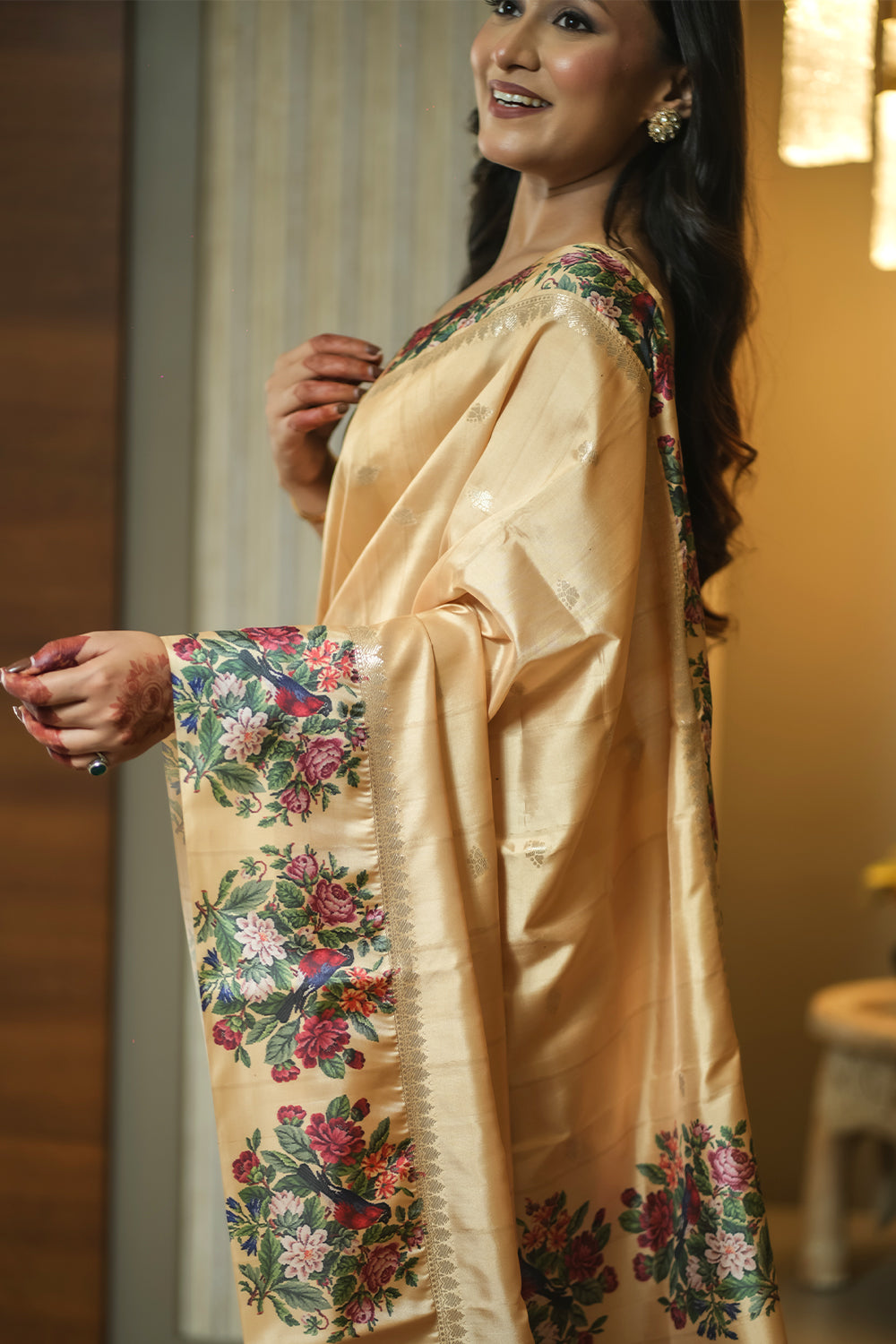 Elegant Golden Beige Tussar silk Saree with Printed Border