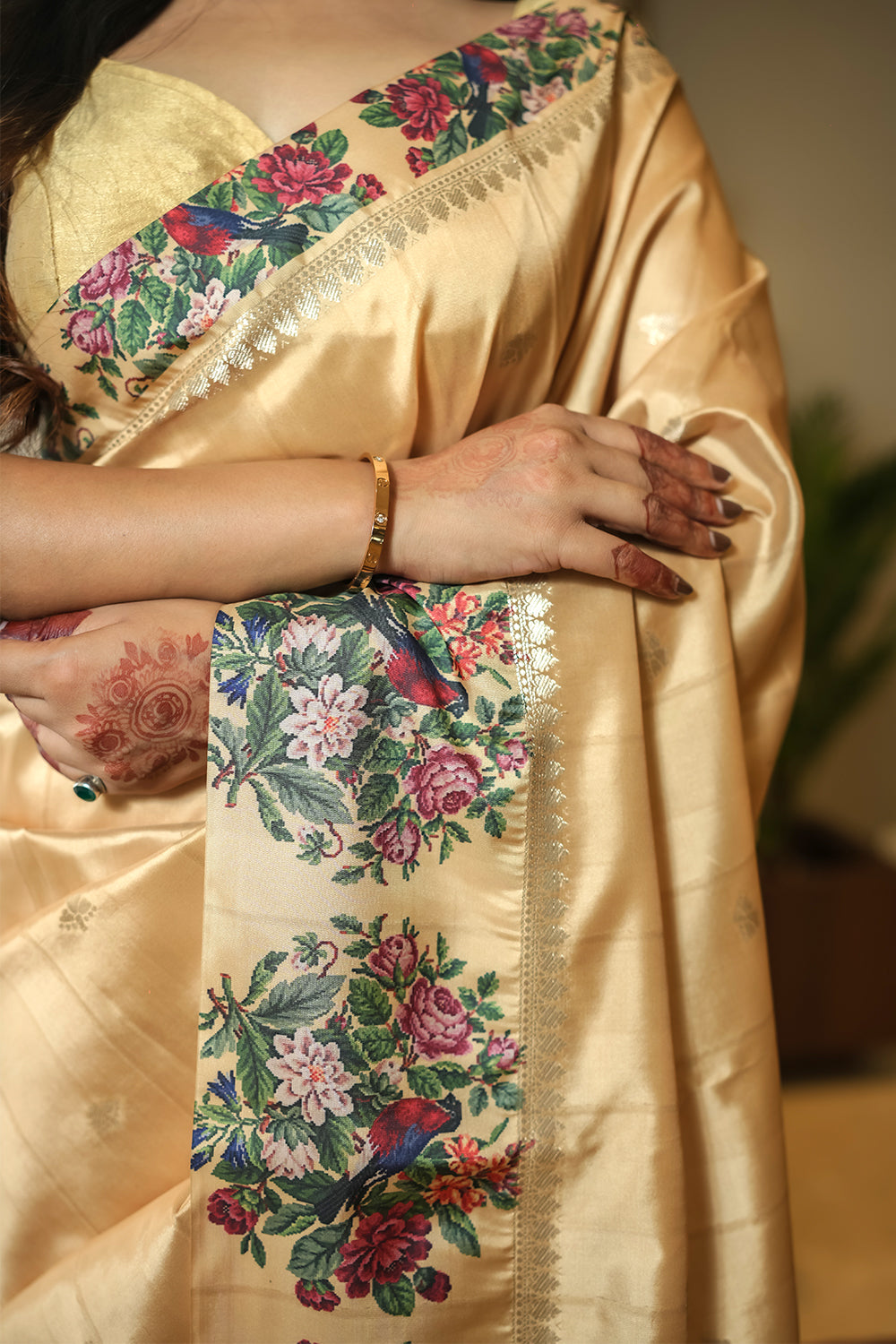 Elegant Golden Beige Tussar silk Saree with Printed Border