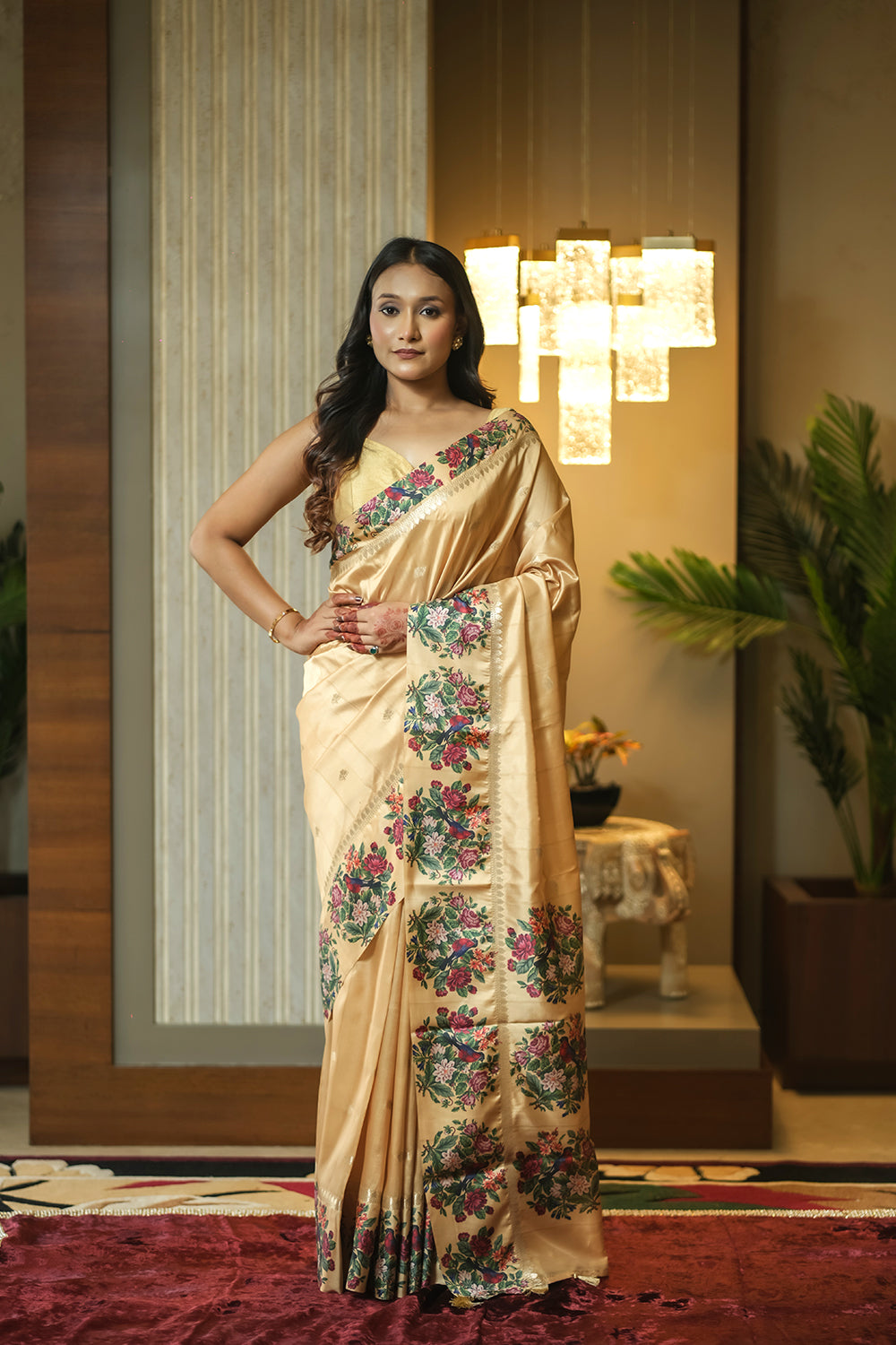 Elegant Golden Beige Tussar silk Saree with Printed Border
