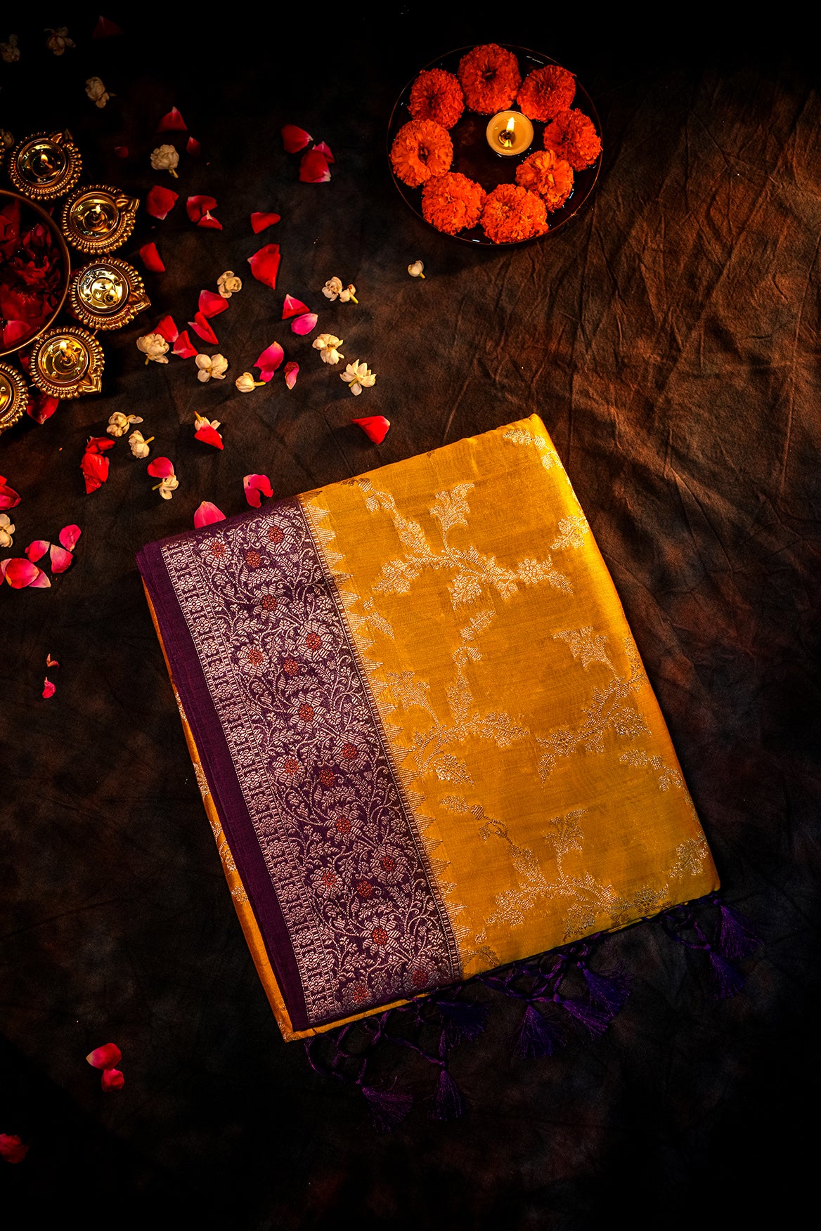 Yellow Chiniya Silk Saree