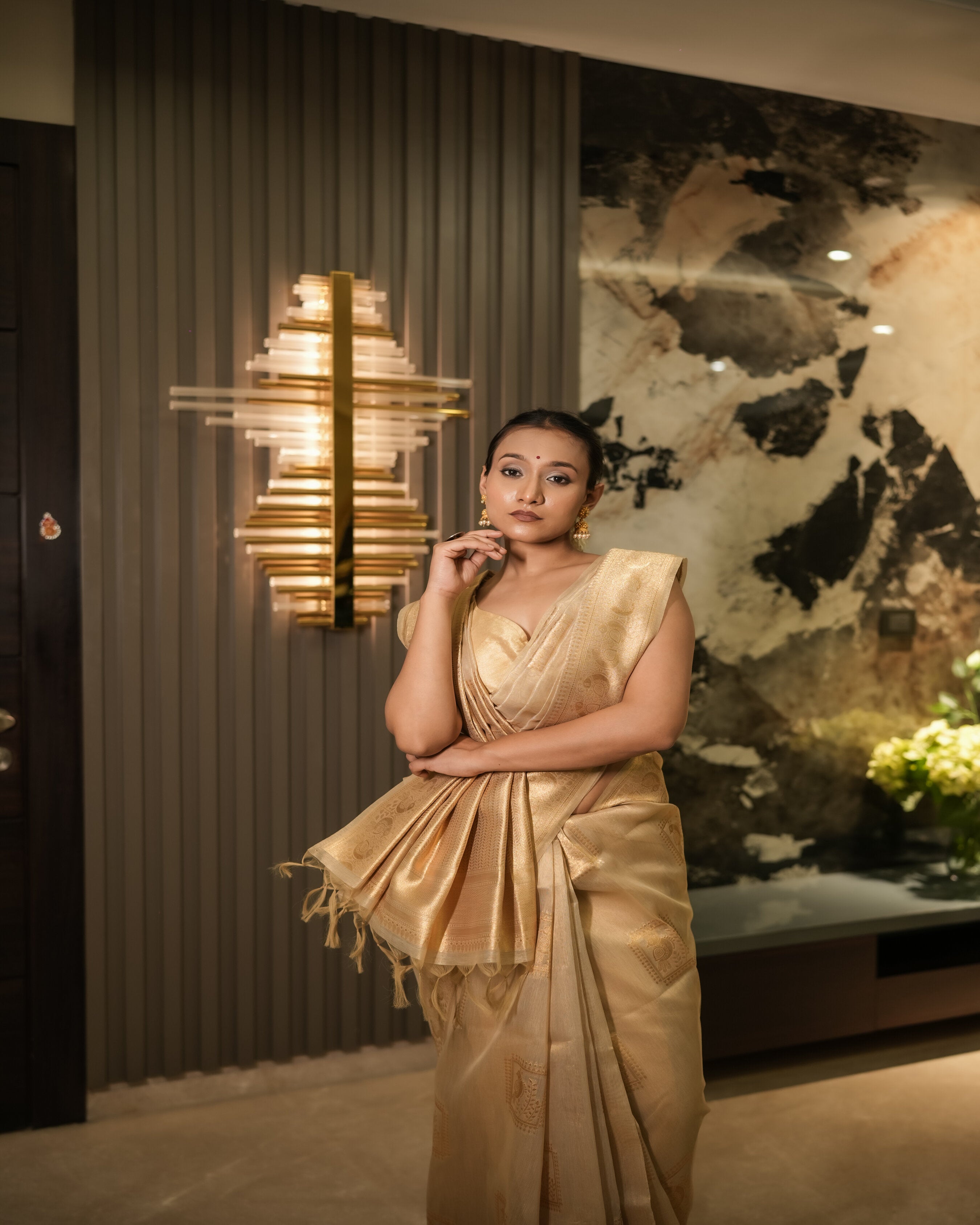 Golden Shine Saree with Peacock Motif