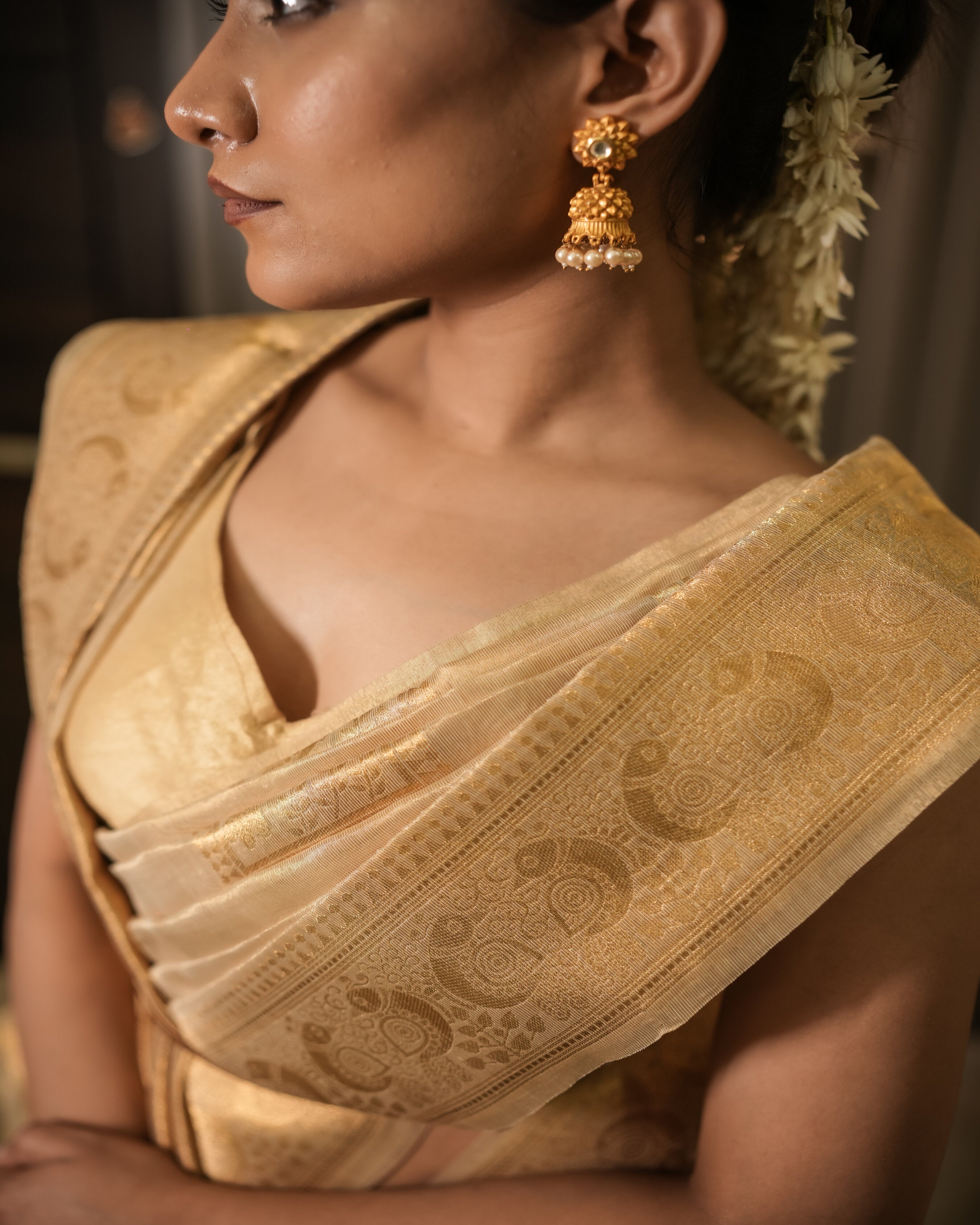 Golden Shine Saree with Peacock Motif