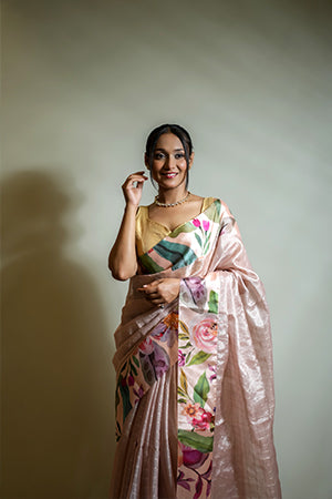 Peach colored Tissue Check Saree with Digitally Printed Satin Border