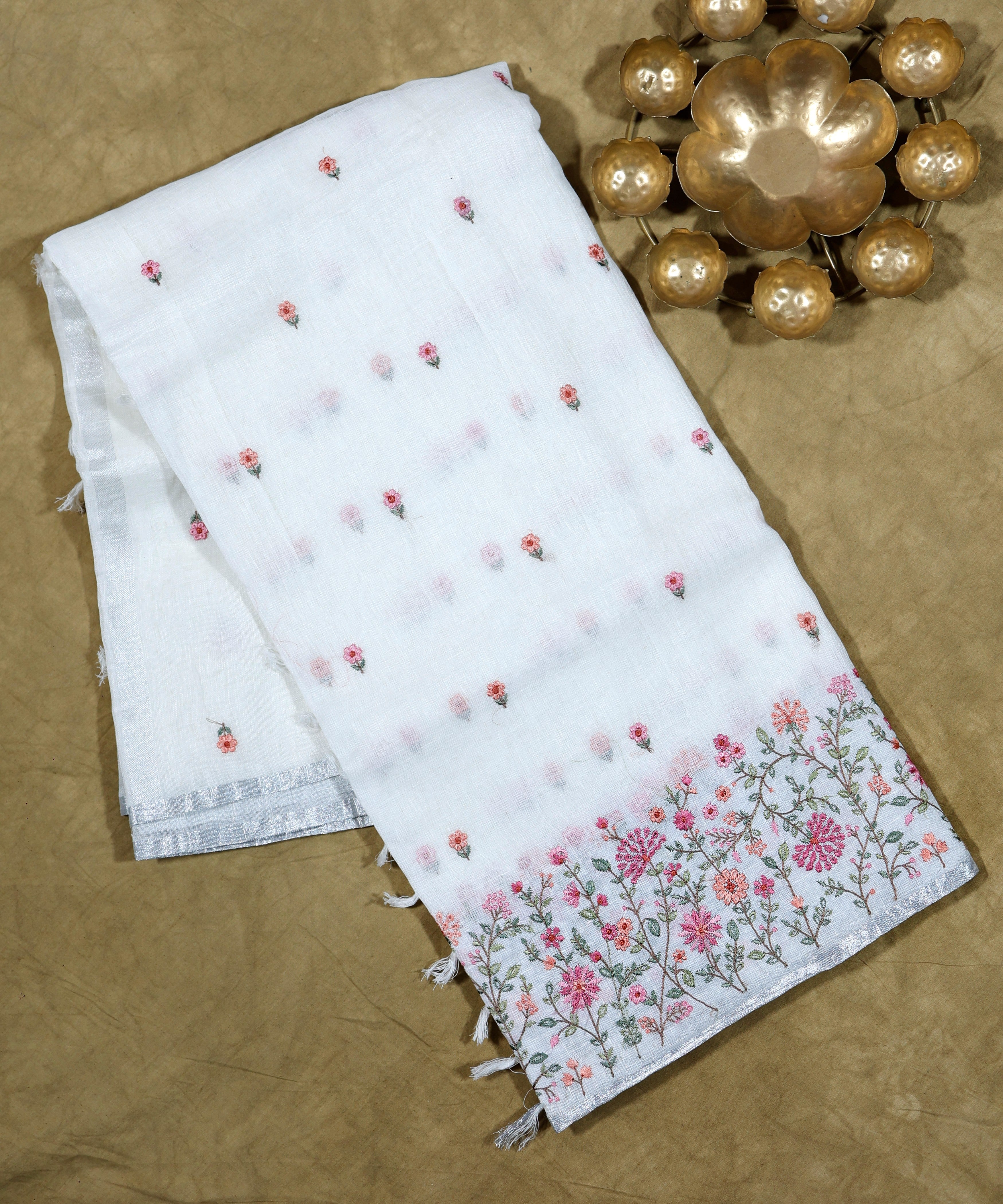 Banarasi White Color Pure Linen Saree