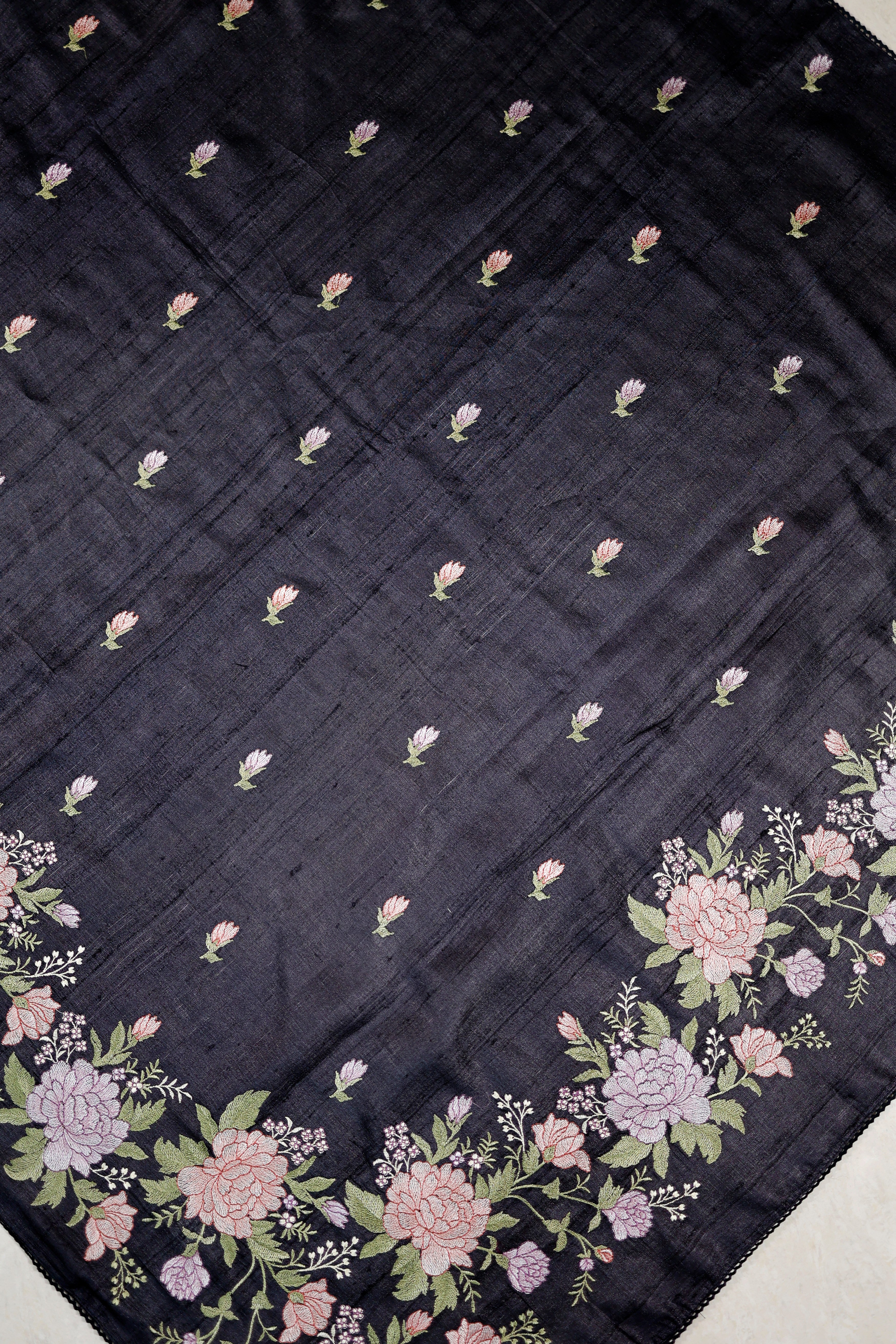 Banarasi Pure Tussar Embroidered Black Color Saree