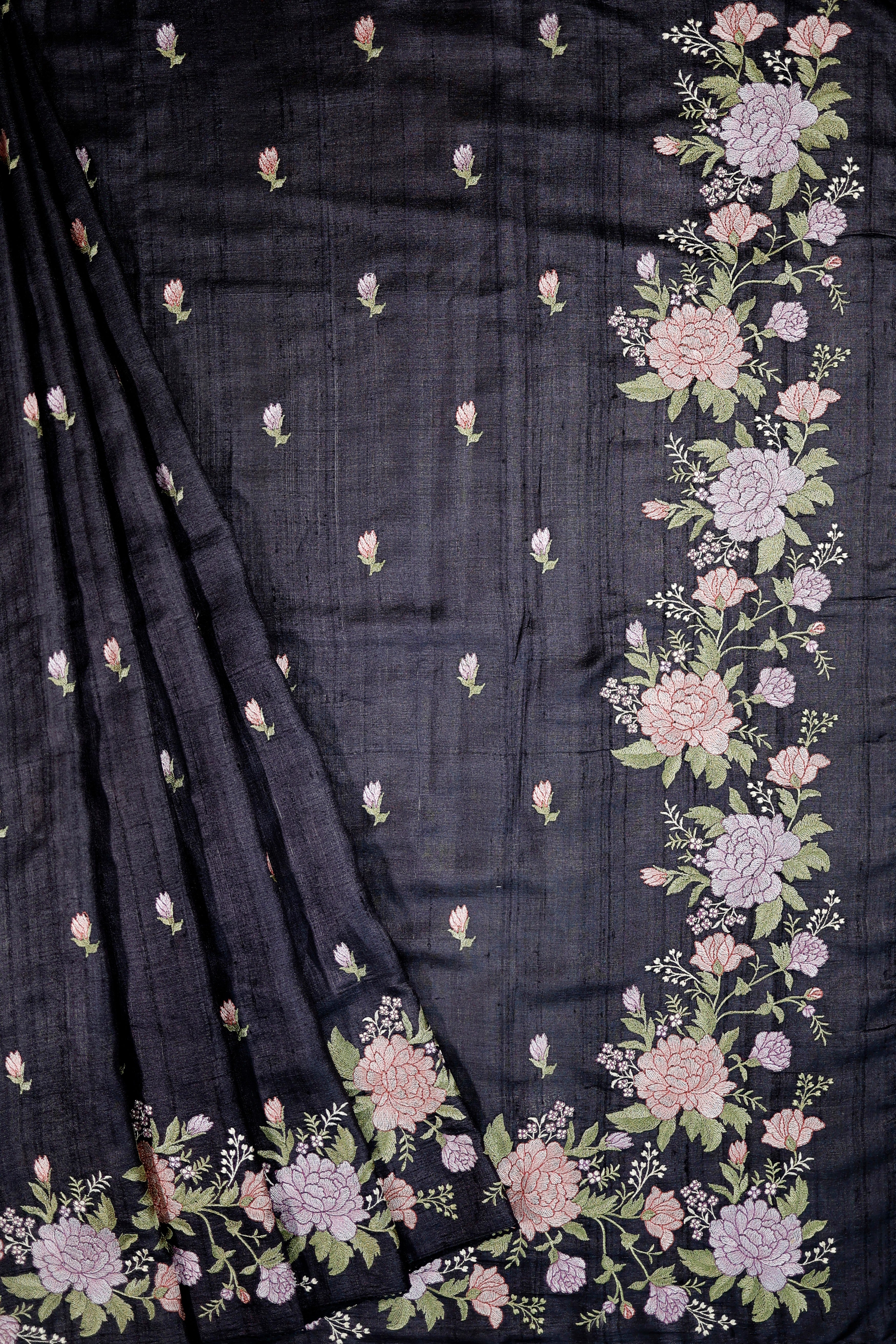 Banarasi Pure Tussar Embroidered Black Color Saree