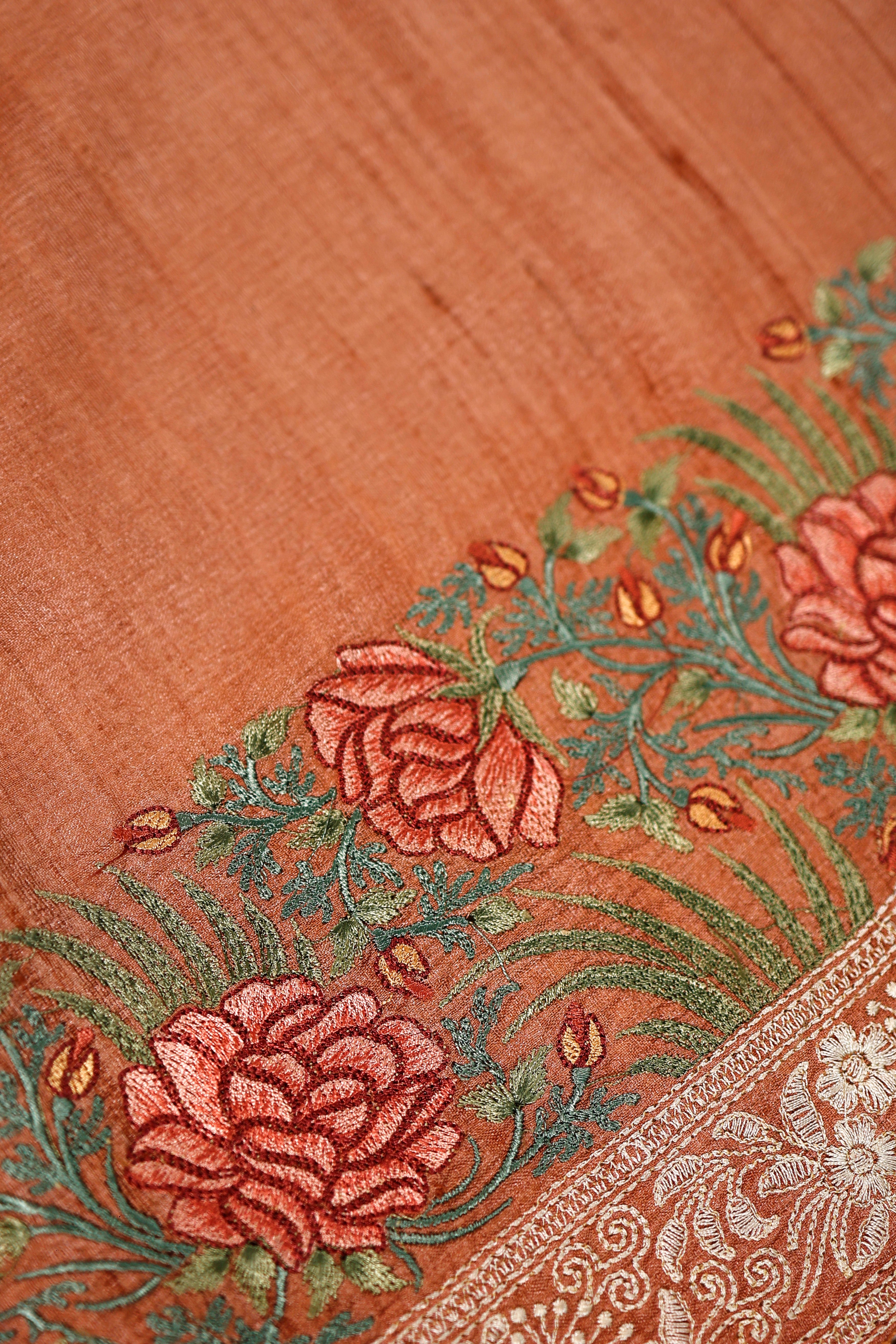 Banarasi Pure Tussar Embroidered Peach Color Saree