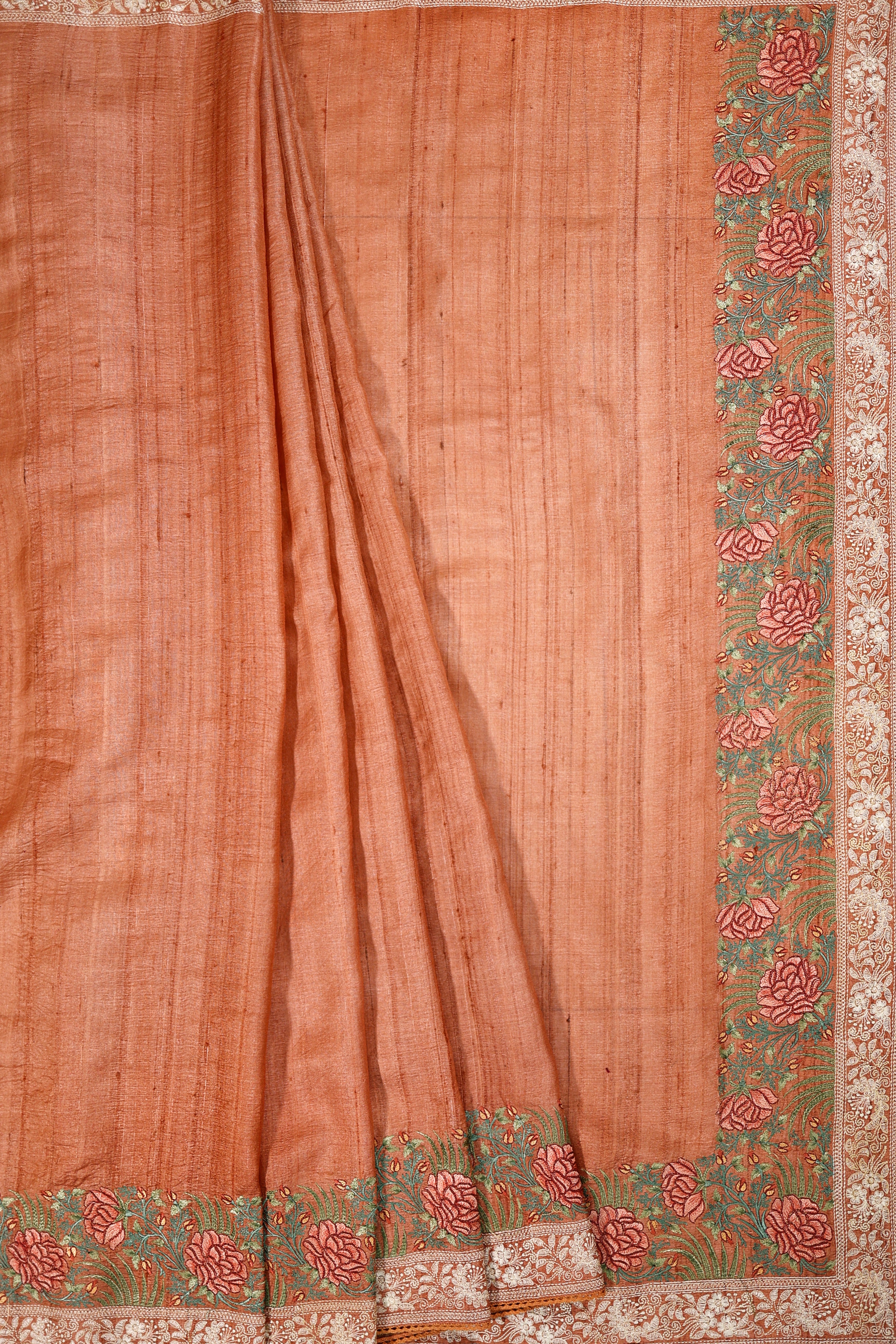 Banarasi Pure Tussar Embroidered Peach Color Saree