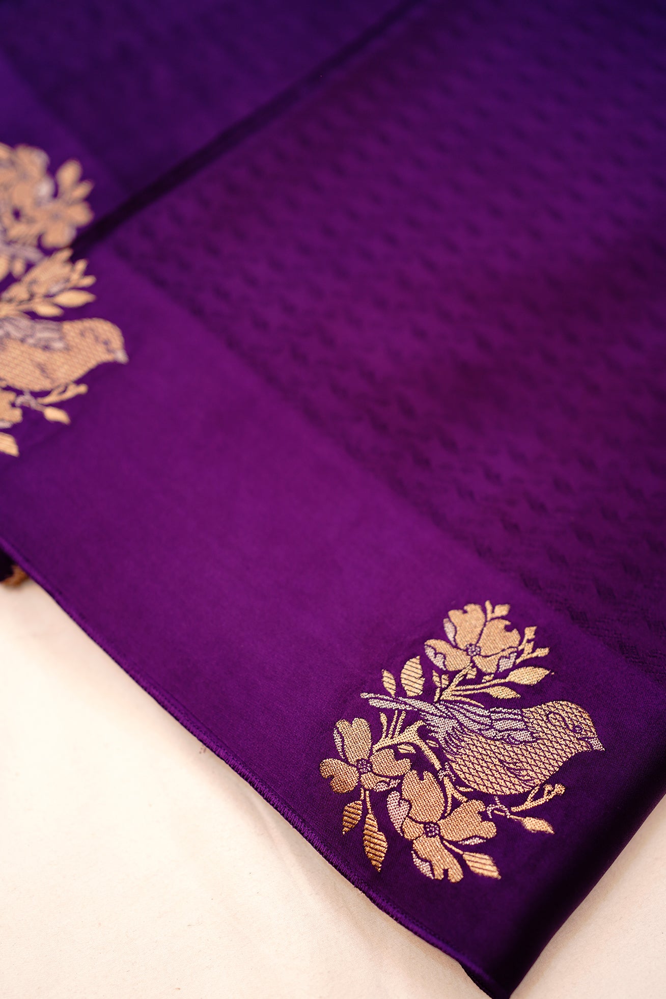 Vibrant purple bird print silk saree