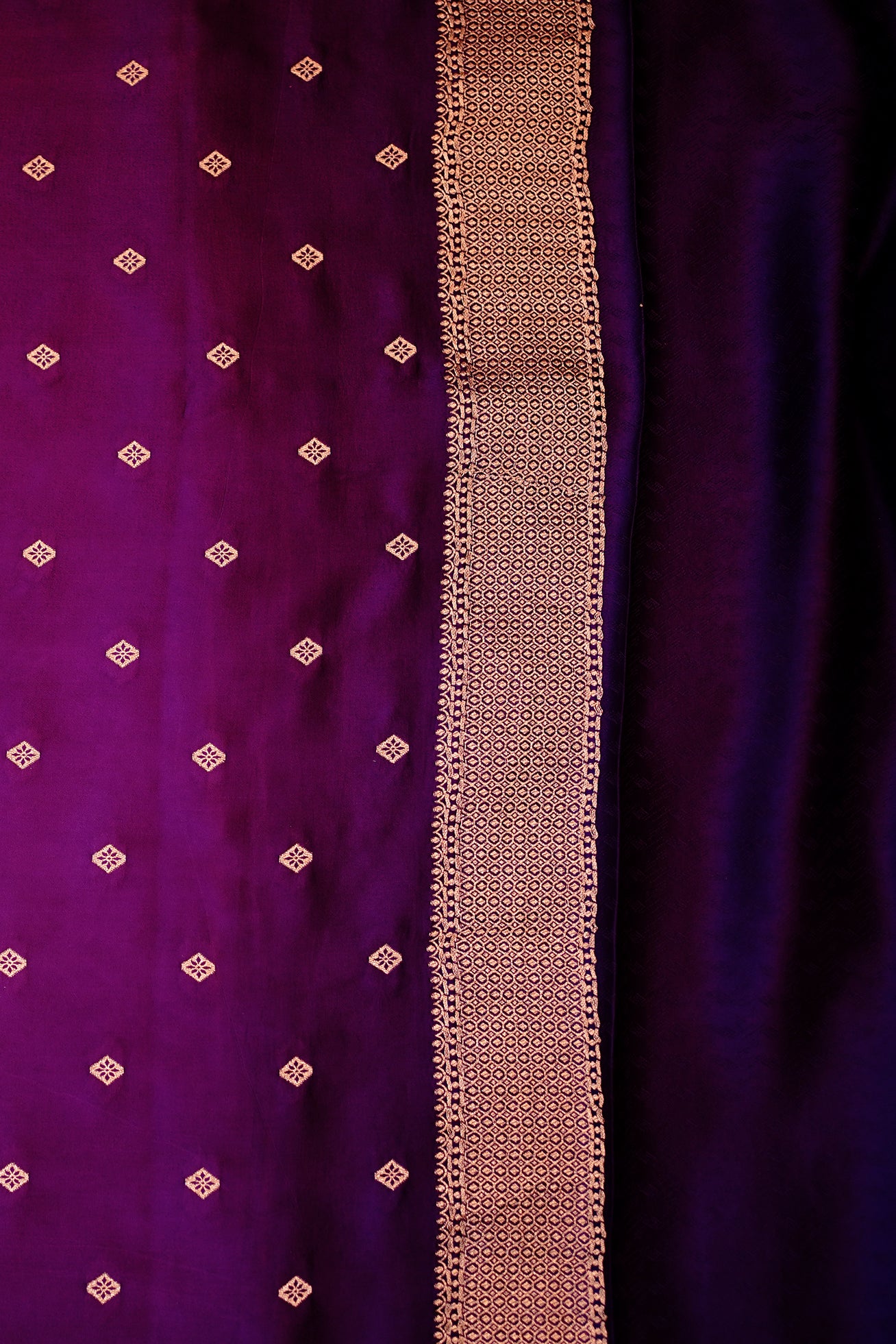 Vibrant purple bird print silk saree